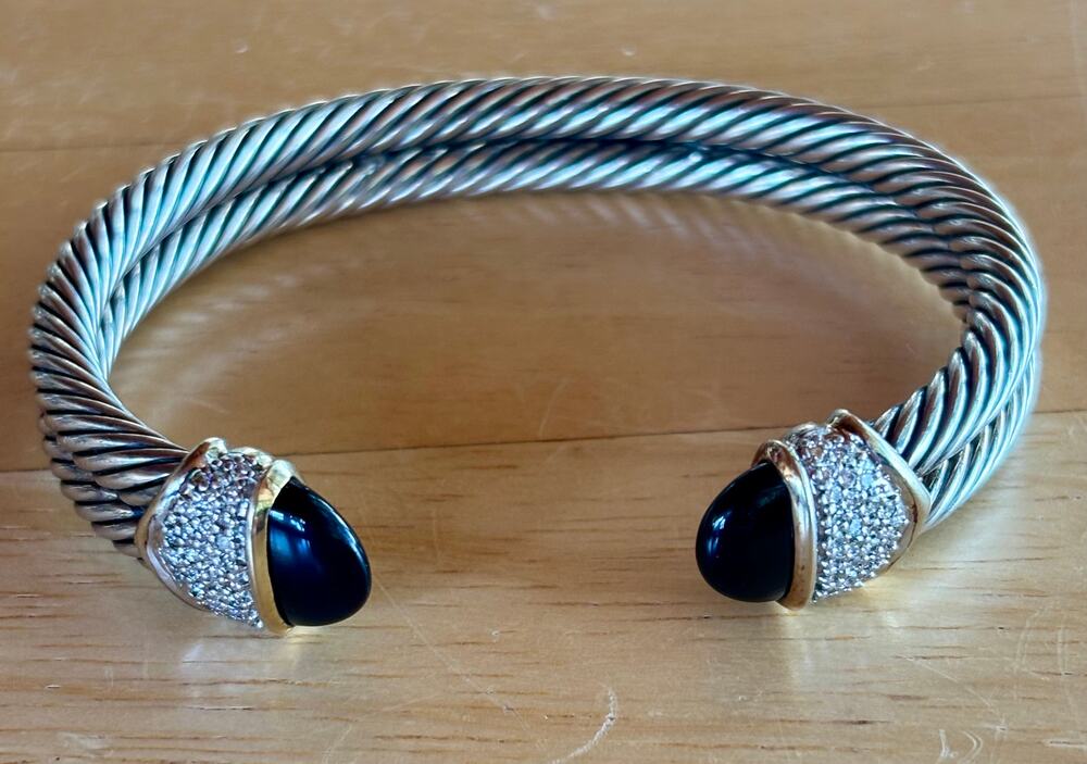 David Yurman 18K Gold Diamonds Black Onyx 10MM Double Cable Cuff Bracelet